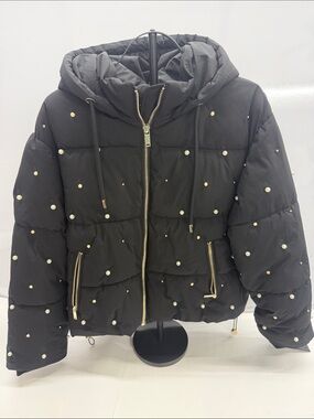 Karl Lagerfeld Black Hooded Puffer Jacket with Pearl Studs